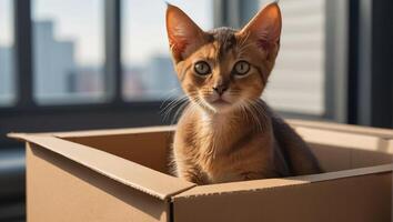 Cute cat, box in the apartment photo