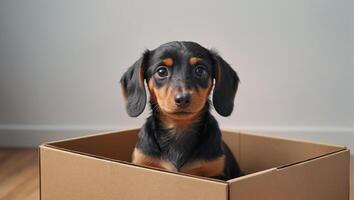 Cute dog, box in the apartment photo