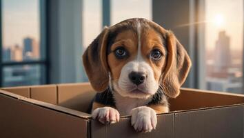 Cute dog, box in the apartment photo