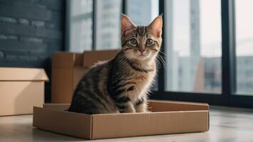 Cute cat, box in the apartment photo