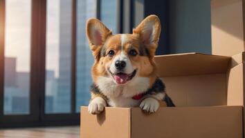 Cute dog, box in the apartment photo