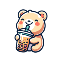 cute bear drinking boba icon character png