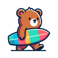 schattig beer spelen surfing icoon karakter png
