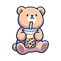 cute bear drinking boba icon character png