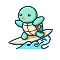 cute turtle surfing in sea icon character png