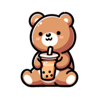 cute bear drinking boba icon character png