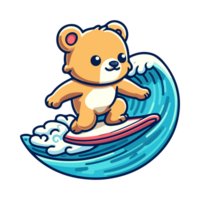 schattig beer spelen surfing in de zee zomer thema icoon karakter png