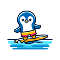 mignonne pingouin surfant dans mer icône personnage png