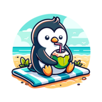 cute penguin drinking coconut on beach icon character png