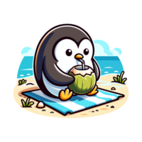 cute penguin drinking coconut on beach icon character png