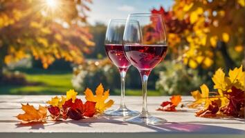 lentes con vino, otoño hojas en el mesa en naturaleza foto