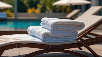 Towels on sun loungers near the pool photo