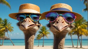 Cartoon ostrich with glasses and hat on the beach design photo