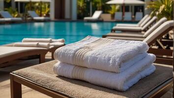 Towels on sun loungers near the pool photo