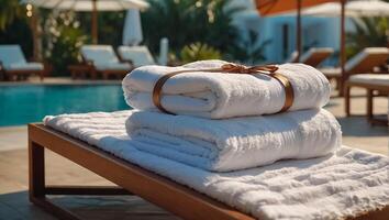 Towels on sun loungers near the pool photo