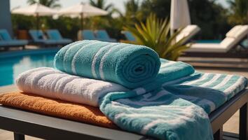 Towels on sun loungers near the pool photo