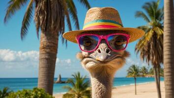 Cartoon ostrich with glasses and hat on the beach design photo