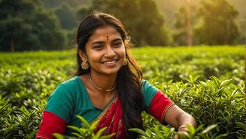 indio niña cosecha verde té en un plantación foto