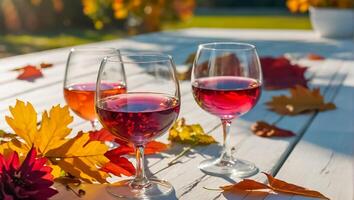 Glasses with wine, autumn leaves on the table in nature photo