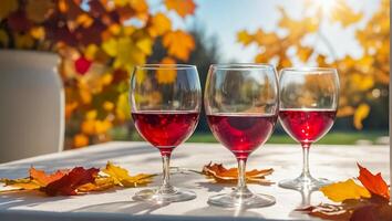 lentes con vino, otoño hojas en el mesa en naturaleza foto