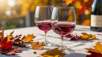 lentes con vino, otoño hojas en el mesa en naturaleza foto