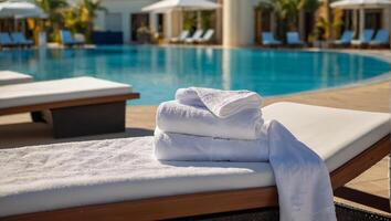 Towels on sun loungers near the pool photo