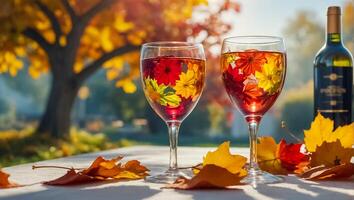 Glasses with wine, autumn leaves on the table in nature photo