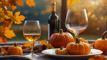 Glasses with wine, autumn leaves on the table in nature photo