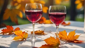 lentes con vino, otoño hojas en el mesa en naturaleza foto