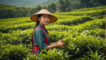 Chinese girl picking green tea on a plantation photo