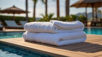 Towels on sun loungers near the pool photo