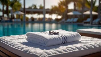 Towels on sun loungers near the pool photo