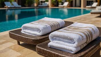 Towels on sun loungers near the pool photo