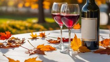 Glasses with wine, autumn leaves on the table in nature photo