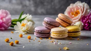 Delicious macarons with flowers photo