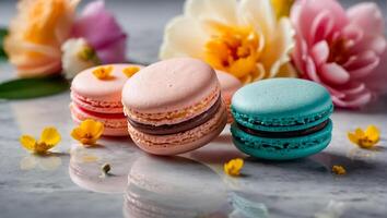 Delicious macarons with flowers photo