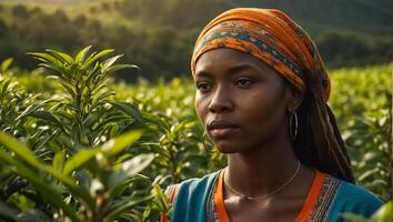 girl picking green tea on a plantation in Kenya photo