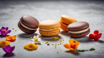 Delicious macarons with flowers photo