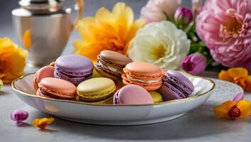 Delicious macarons with flowers photo
