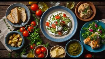 Different Greek food in plates photo