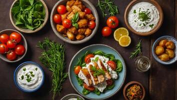 Different Greek food in plates photo
