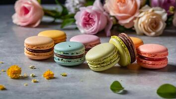 delicioso macarons con flores foto