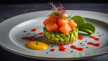 tartare with salmon and avocado in a restaurant photo
