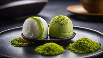 Mochi beautiful matcha ice cream in a cafe deliciously photo