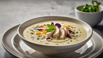 Avgolemono soup in a plate in a restaurant haute cuisine photo