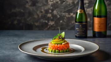 tartare with salmon and avocado in a restaurant photo