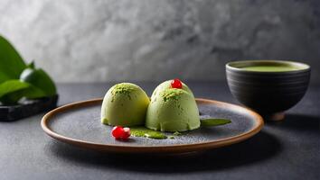 Mochi beautiful matcha ice cream in a cafe deliciously photo