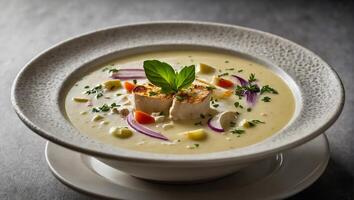 Avgolemono soup in a plate in a restaurant haute cuisine photo