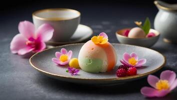 Mochi beautiful ice cream with flowers photo