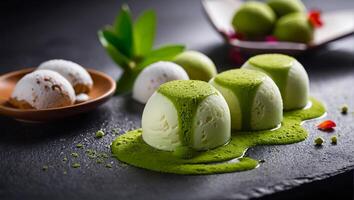 Mochi beautiful matcha ice cream in a cafe deliciously photo